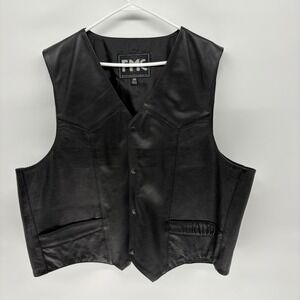 FMC Black Smooth Leather Motorcycle Vest Button Snap Western Biker Men 56 XXL